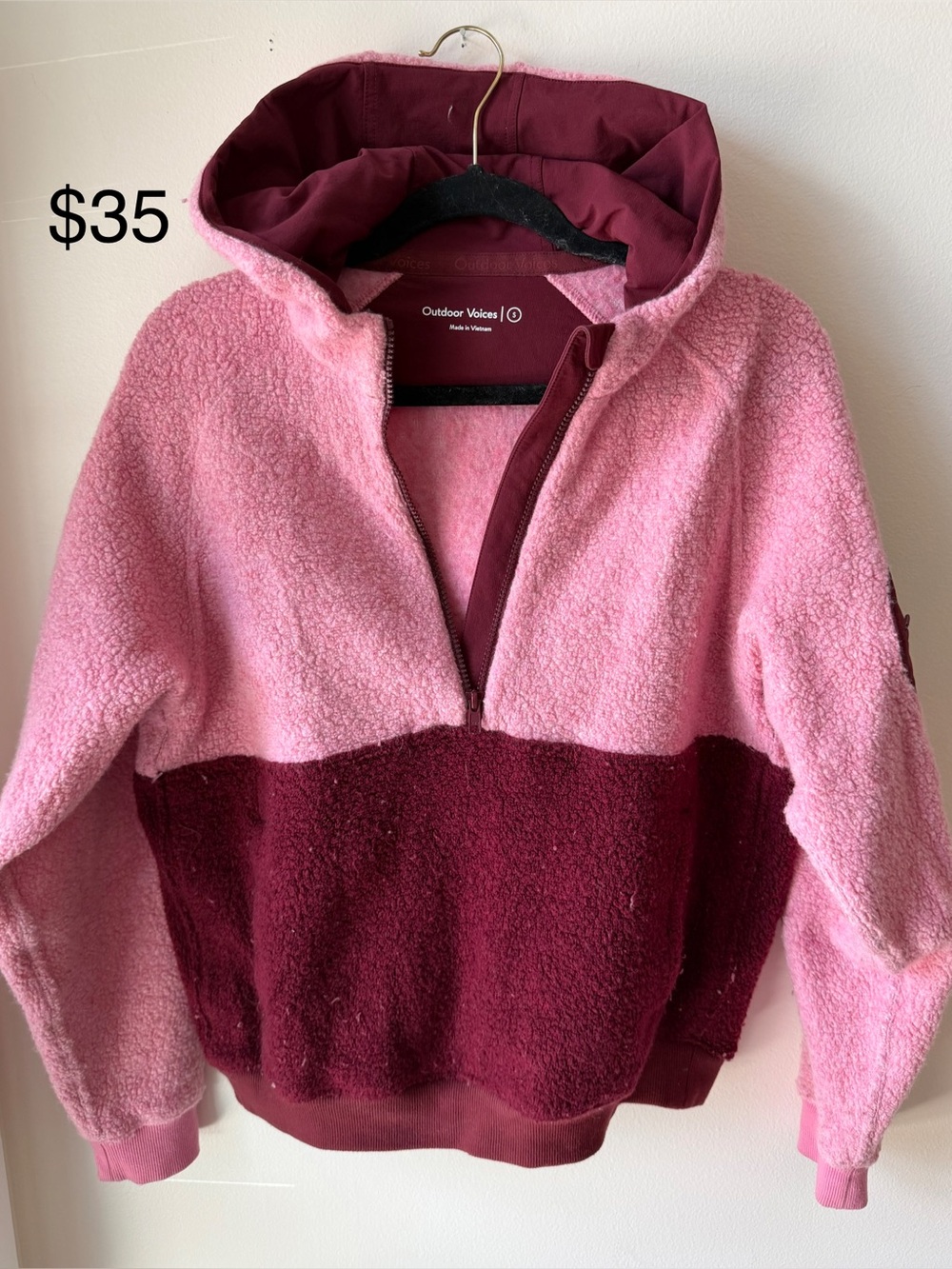 Outdoor Voices Two-Tone Sherpa Hoodie Jacket - Pink & Burgundy